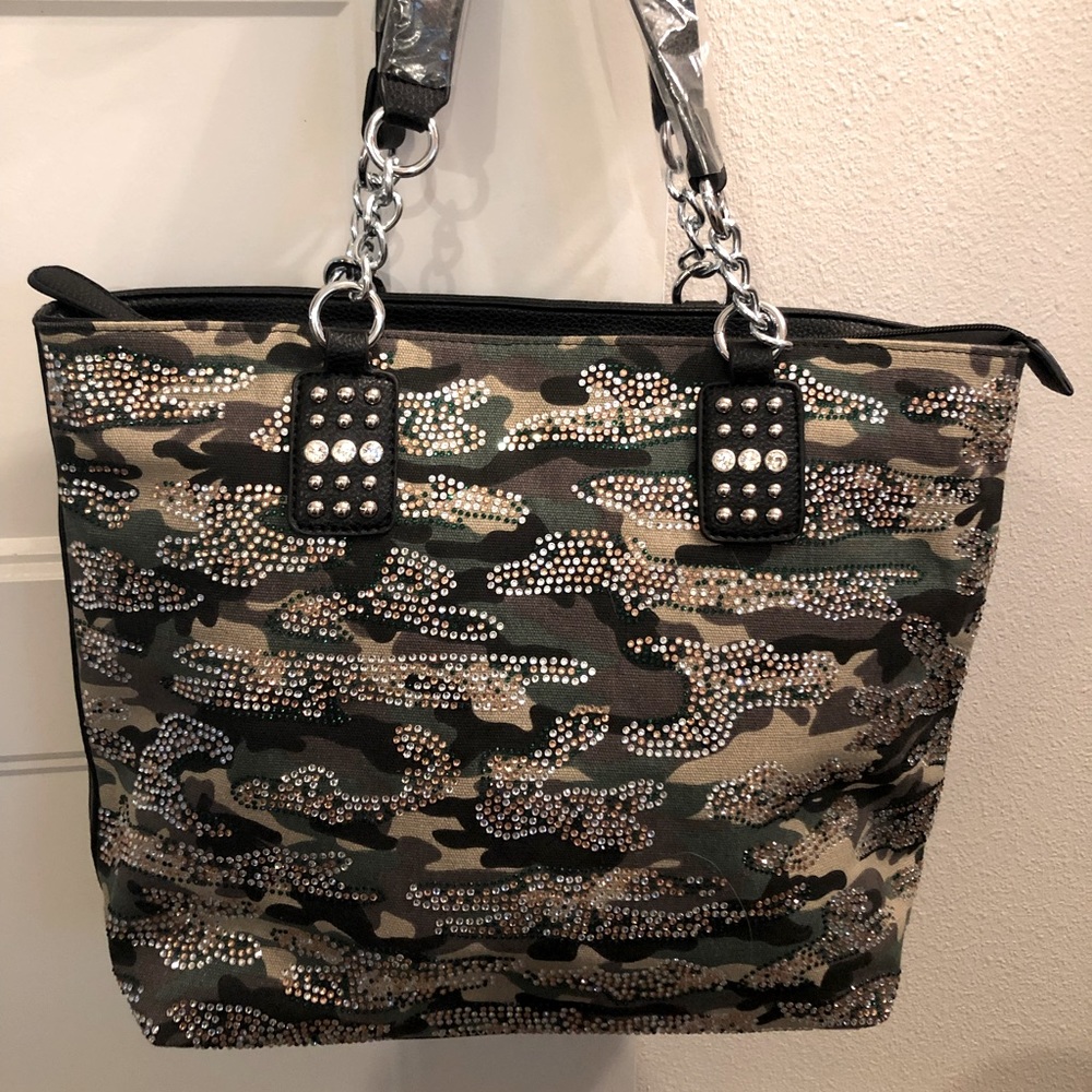 Camouflage Camo Tote Purse Rhinestone Hunting Girl Glitter Sequin Sparkle EUC